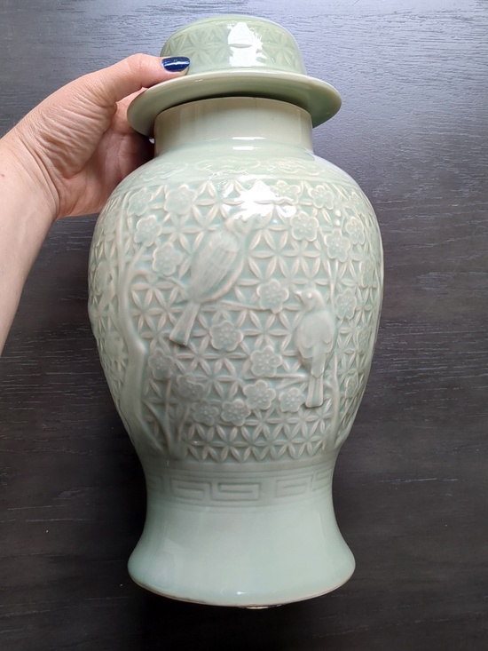 Wildwood Other - Wildwood Home Celadon Glazed Ginger Jar Lamp Base w/ Floral Fauna Engraving